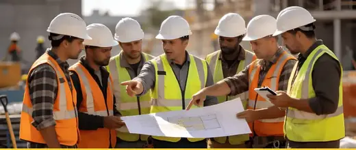 Recruitment team reviewing project blueprints with deployed workers