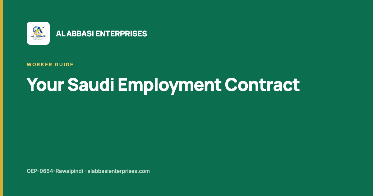 Employment contract for Saudi Arabia, checked before the Protector of Emigrants — Al Abbasi Enterprises, licence OEP-0664-Rawalpindi